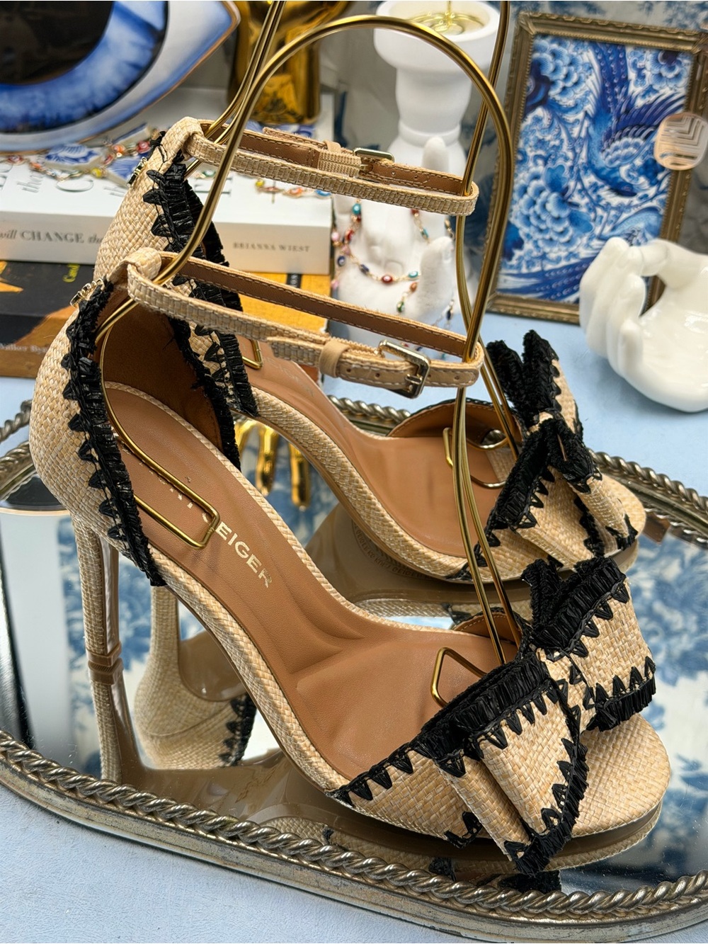 🆕 KG KURT GEIGER 🧿 NWOB Robbie Bow-Embellished Raffia High Heel, Sz 37 US 7 - Picture 10 of 15